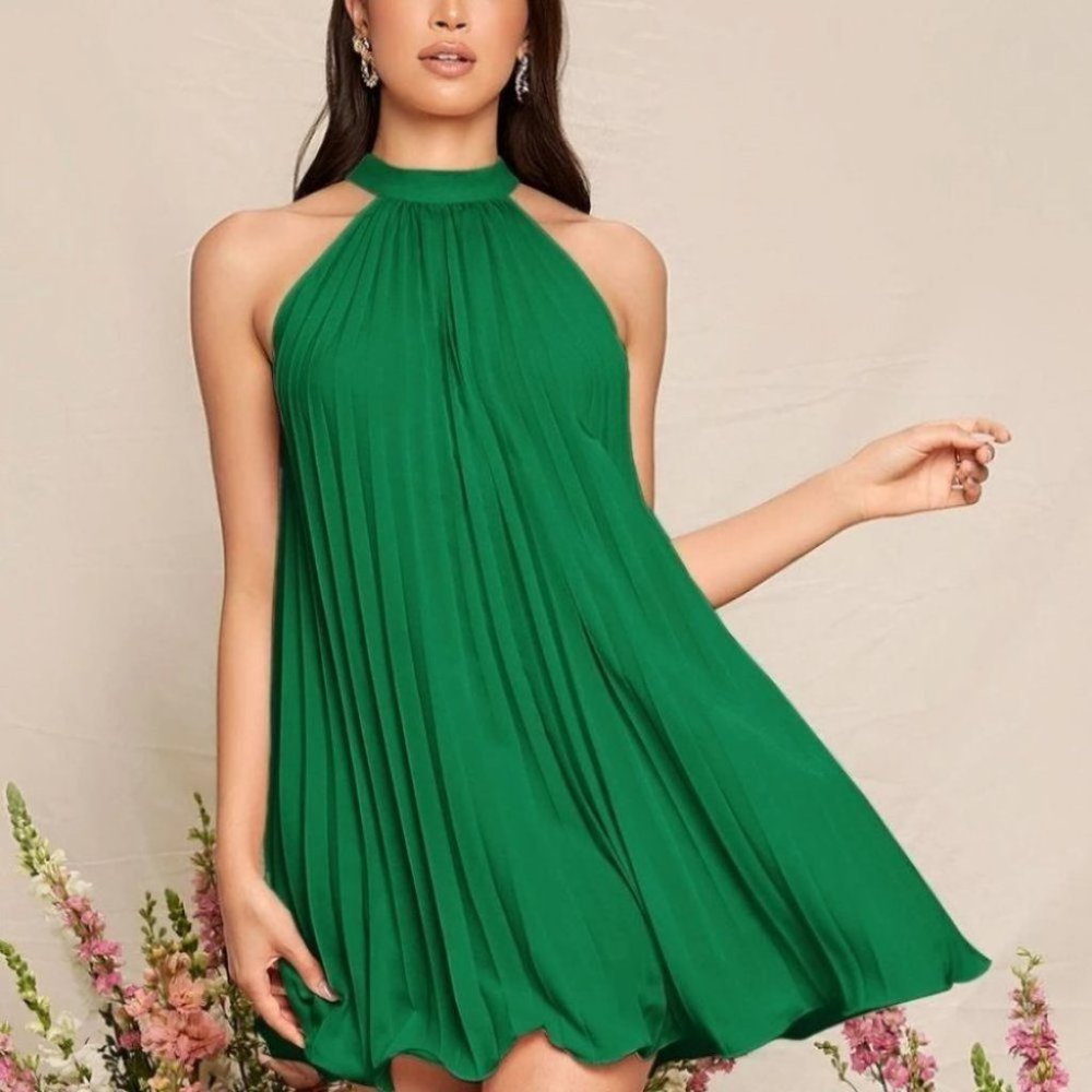 Designer inspired Pleated Mini Dress green - Picture 2 of 5